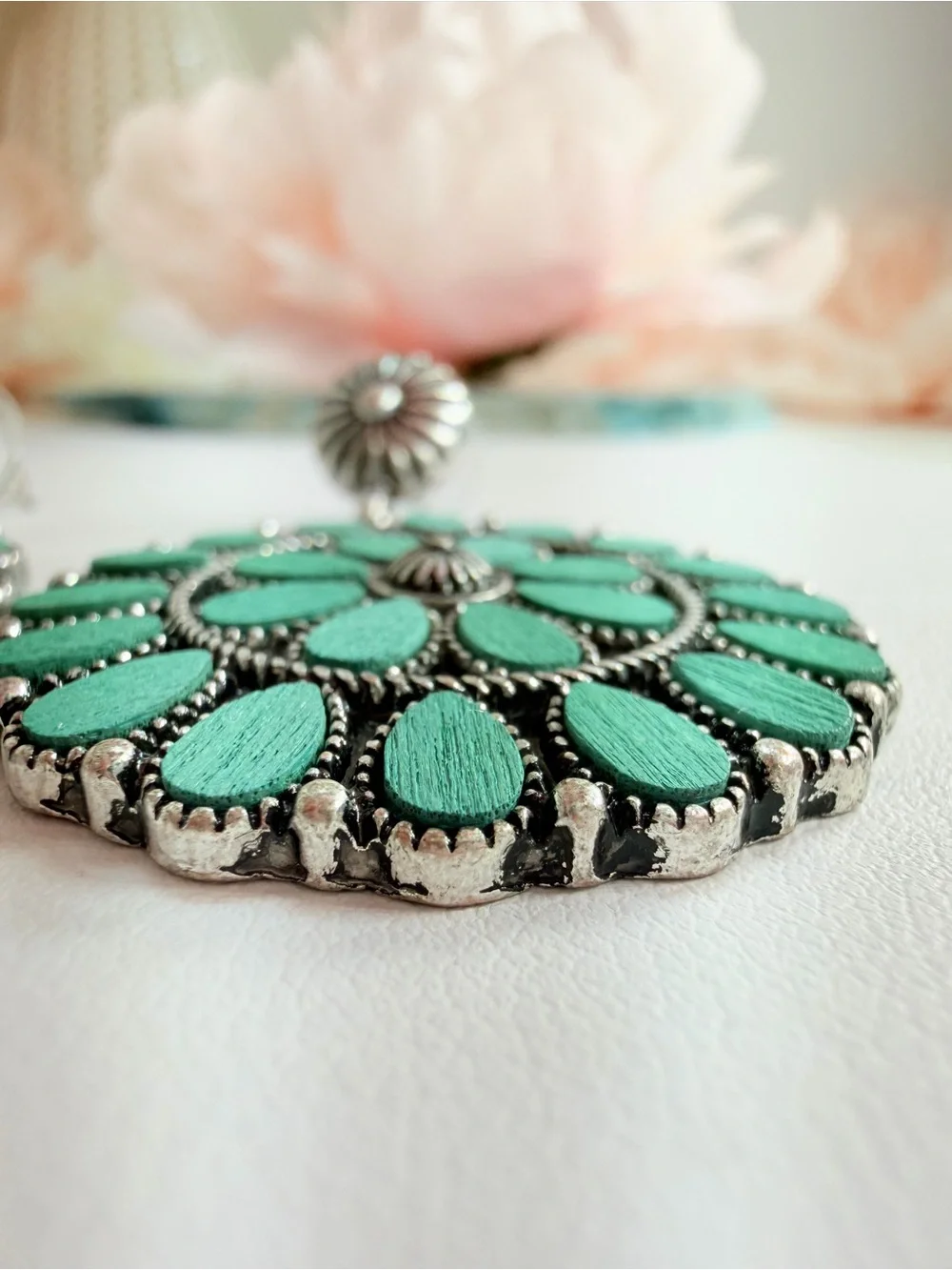 Teal Floral Medallion Drop Earrings - Women Jewelry